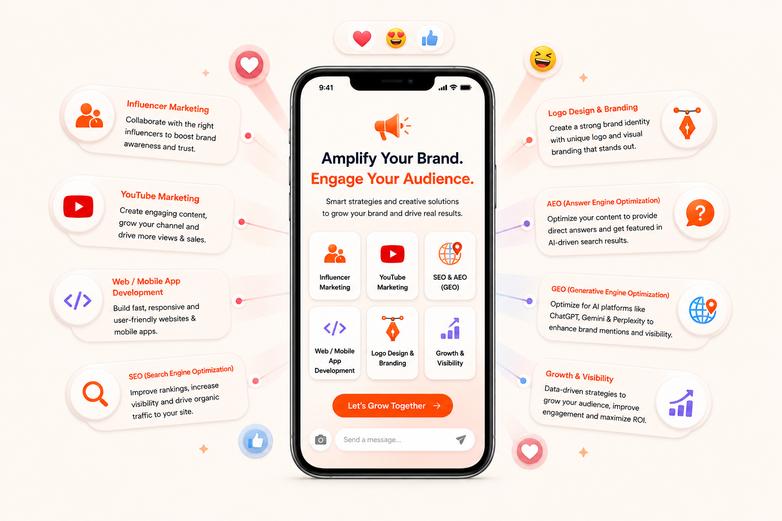 Digital growth services including influencer marketing, branding, SEO, AEO, GEO, and app development