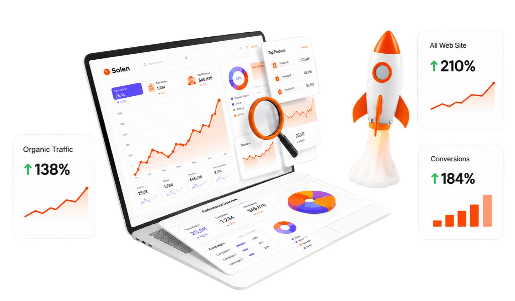 Analytics dashboard with floating performance cards